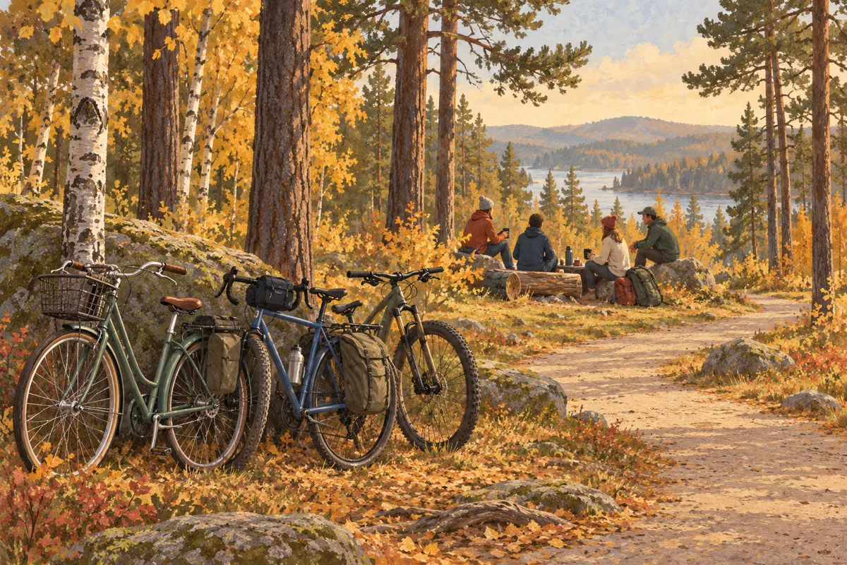 Ilustracja wspólnego odpoczynku rowerzystów przy szerokiej drodze w jesiennym lesie.